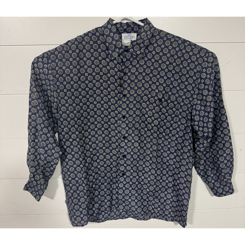 Vintage Winter Silks 100% Silk Button Up Shirt Men's L Long Sleeve Blue‎ Print